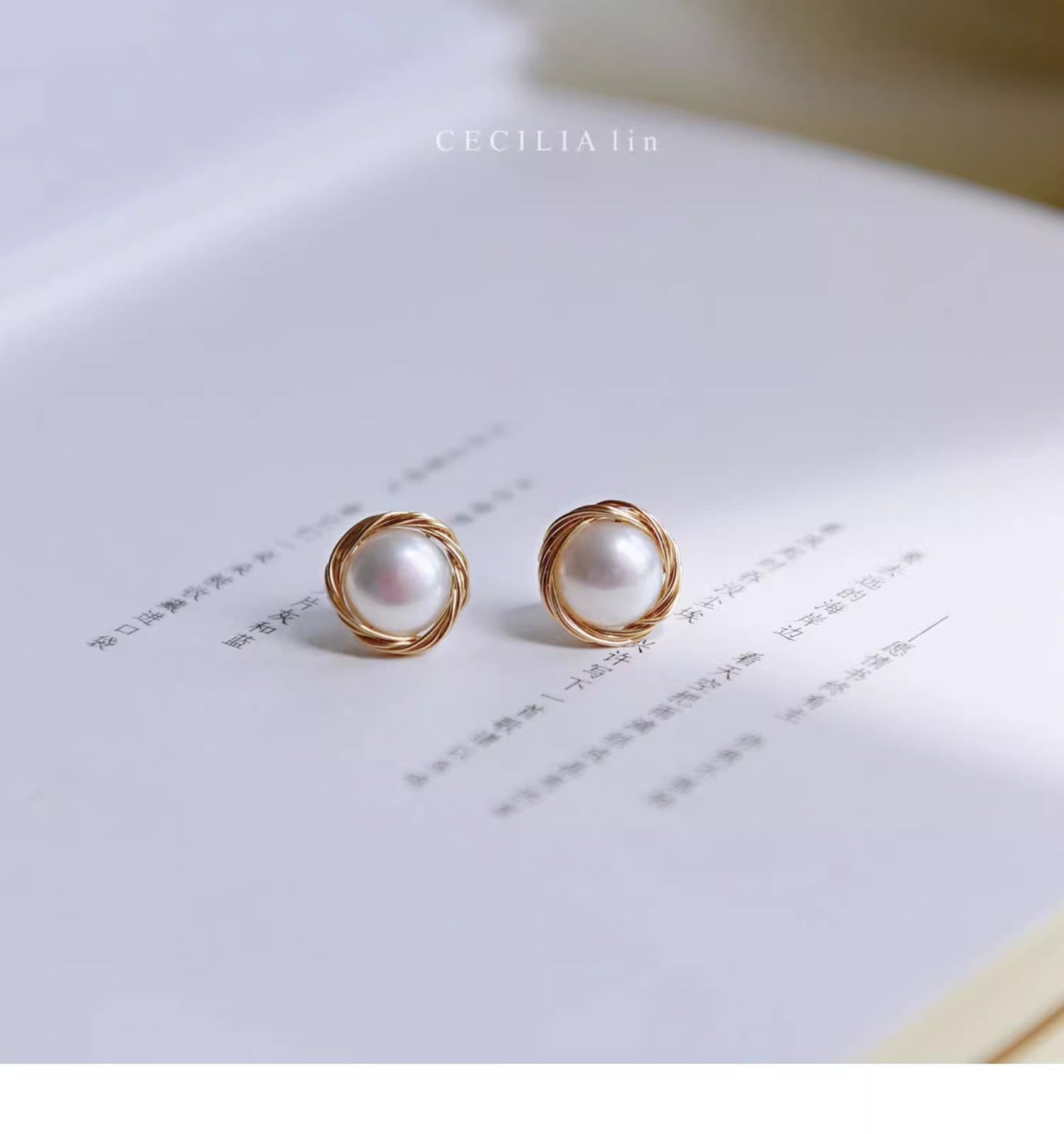 Pure hand-wound natural strong light freshwater pearl retro bird's nest silver pin earrings 14k gold-plated button earrings