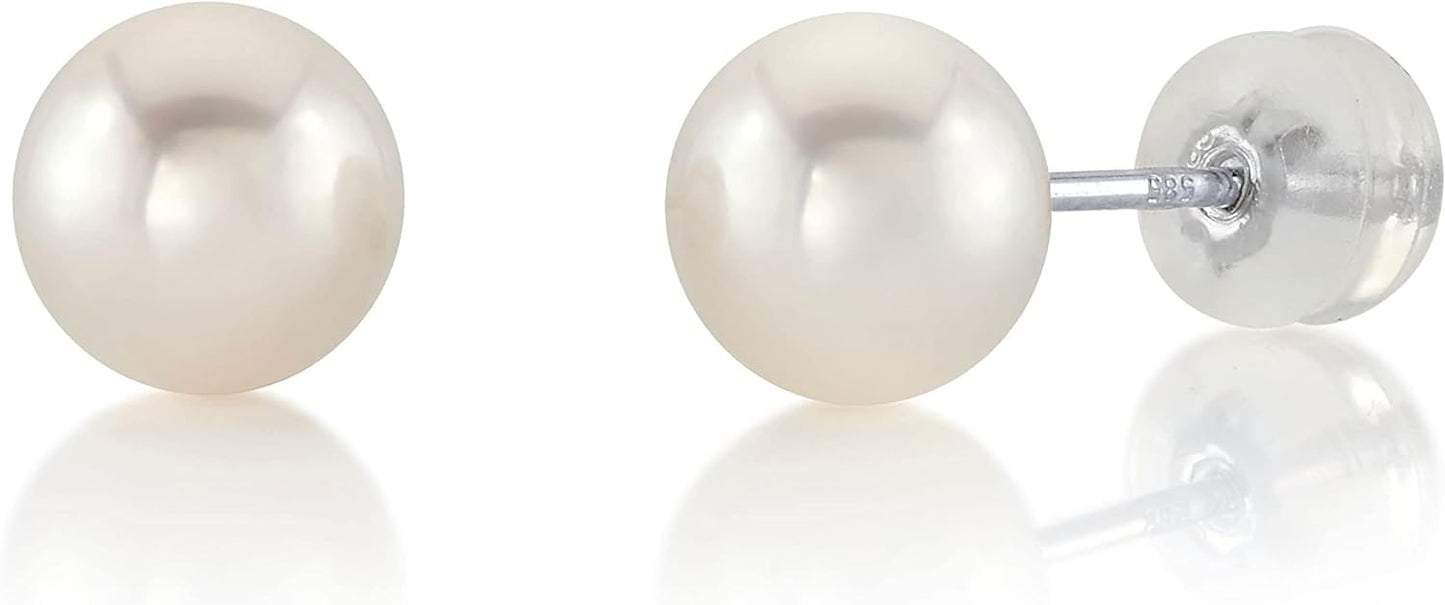 Másreal Round White Freshwater Real Pearl Earrings for Women - Silver Stud Earrings | Hypoallergenic Earrings with Genuine Cultured Pearls