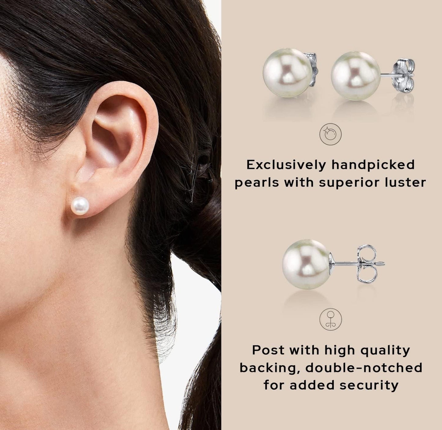 Másreal Round White Freshwater Real Pearl Earrings for Women - Silver Stud Earrings | Hypoallergenic Earrings with Genuine Cultured Pearls