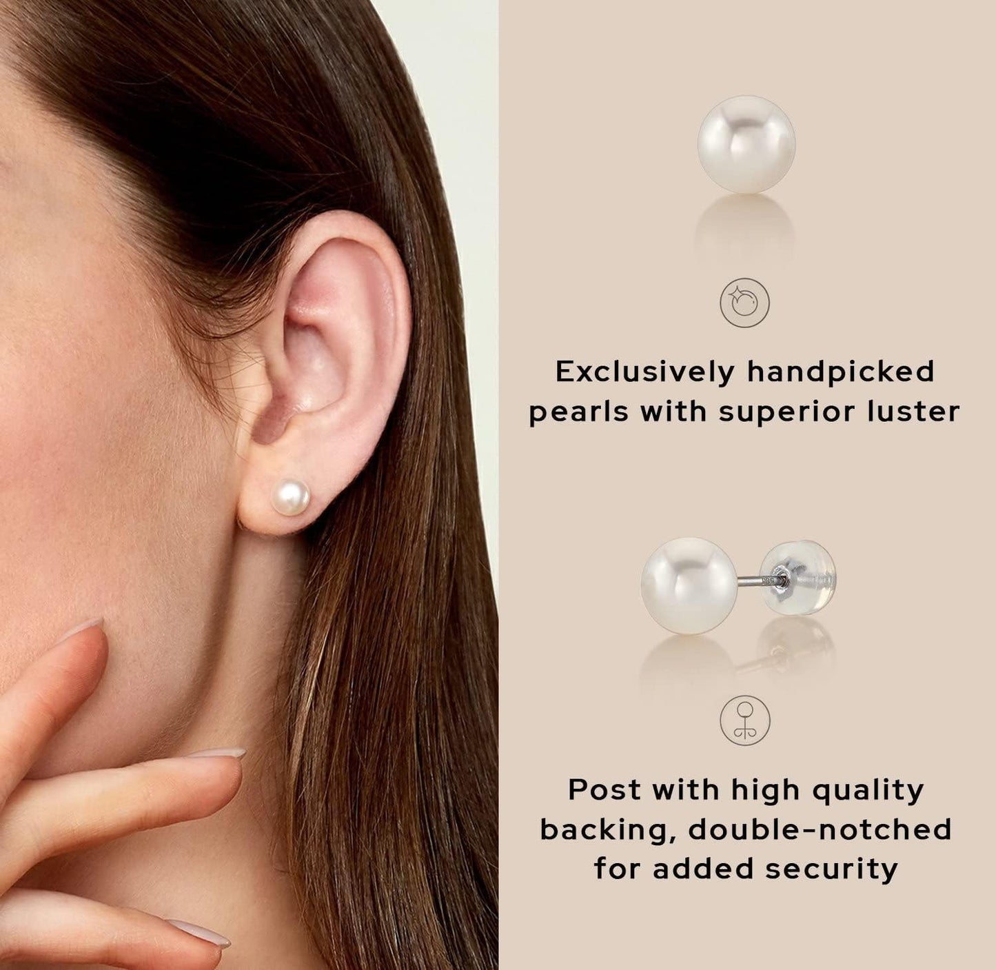 Másreal Round White Freshwater Real Pearl Earrings for Women - Silver Stud Earrings | Hypoallergenic Earrings with Genuine Cultured Pearls